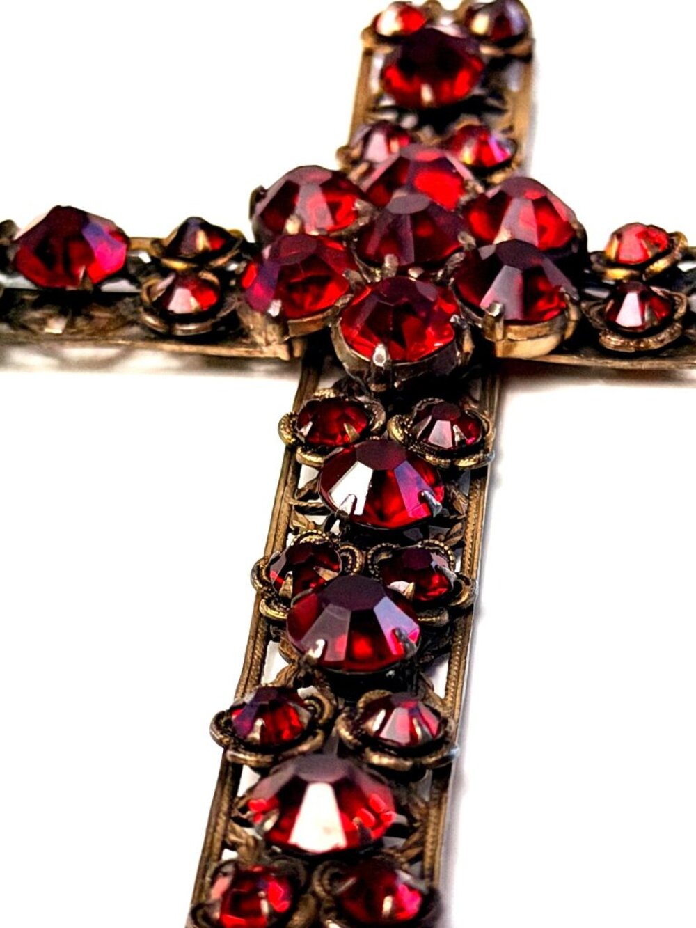 Large Vintage Red Rhinestone Cross Pendant Filigree Brass Czech Gothic Estate 4" - Picture 2 of 8